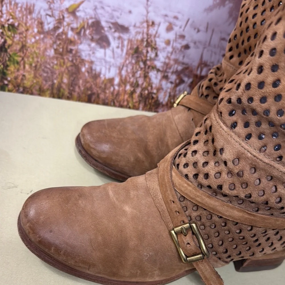 A.S.98 Tan Perforated Over-the-Knee Suede Boots